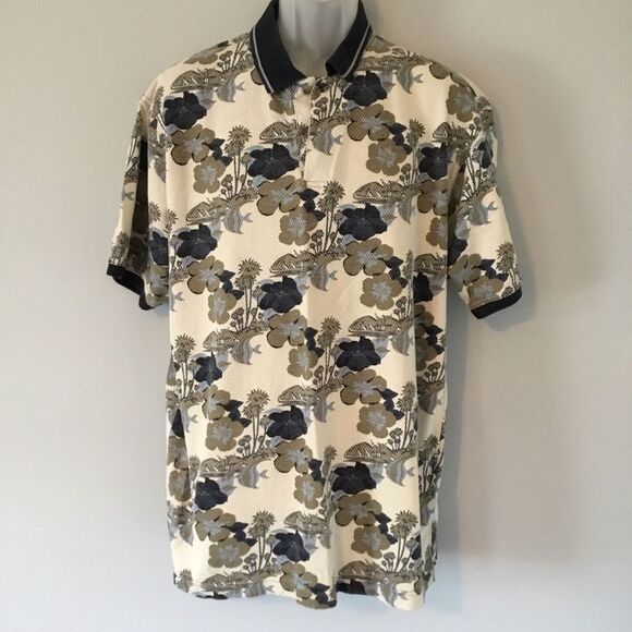 Bugle Boy Men’s Polo Shirt Cream Colored With Blue & Khaki Tropical Print Size L - Picture 4 of 6